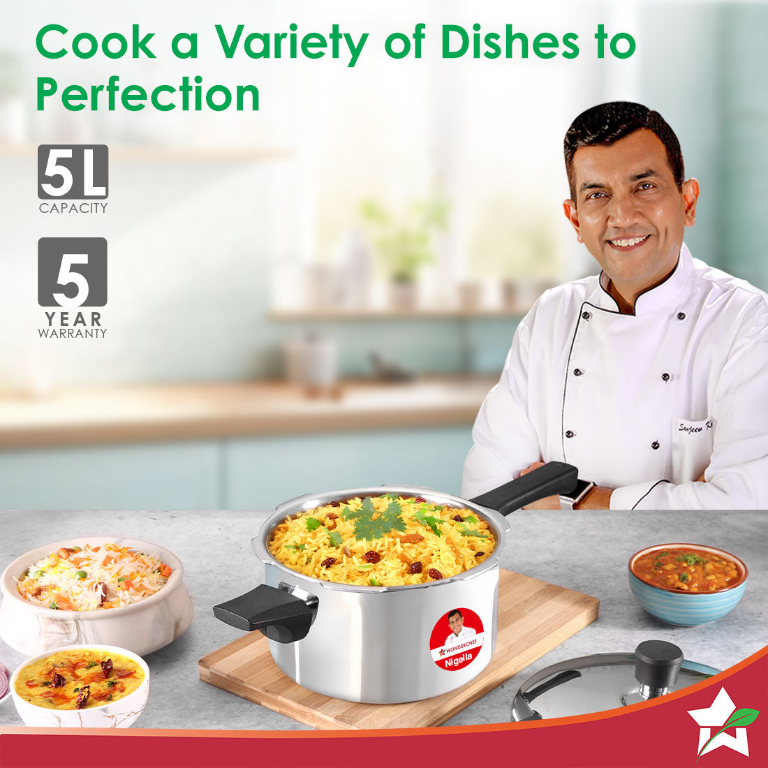 Nigella Triply Stainless Steel Outer Lid Pressure Cooker | 5 Litres | Compatible with Gas Stove, Induction, Ceramic Cooktop | ISI Certified | Uniform Heating | Da Vinci Collection | 5-Year Warranty