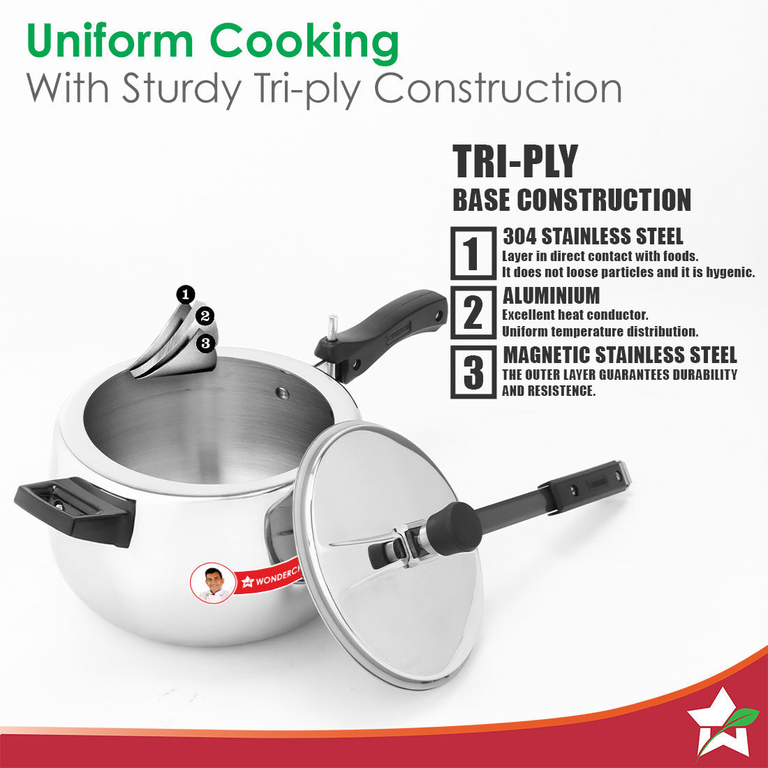 Nigella Triply Stainless Steel Inner Lid Pressure Cooker | 3 Litres | Compatible with Gas Stove, Induction, Ceramic Cooktop | ISI Certified | Uniform Heating | Contour Collection | 5-Year Warranty