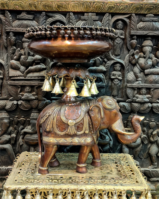 Exquisite Brass Urli with Engraved Elephant statue 21"