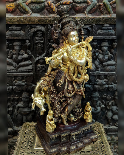 Krishna with cow Brass Idol 28 inch