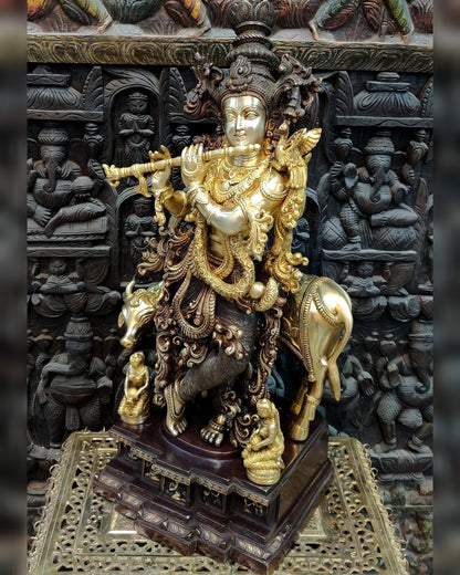 Krishna with cow Brass Idol 28 inch