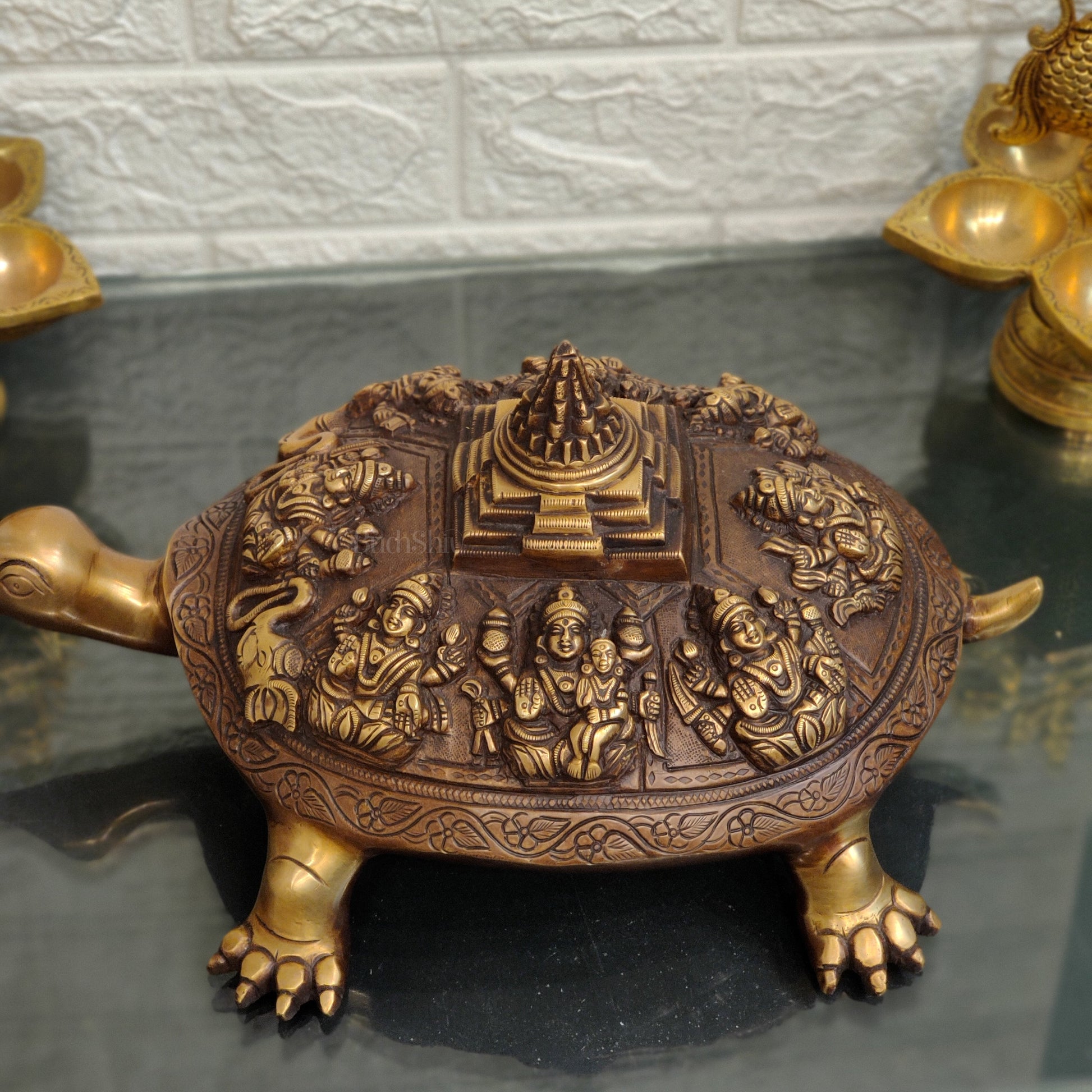 Brass Ashtalakshmi Shree Yantra on Tortoise
