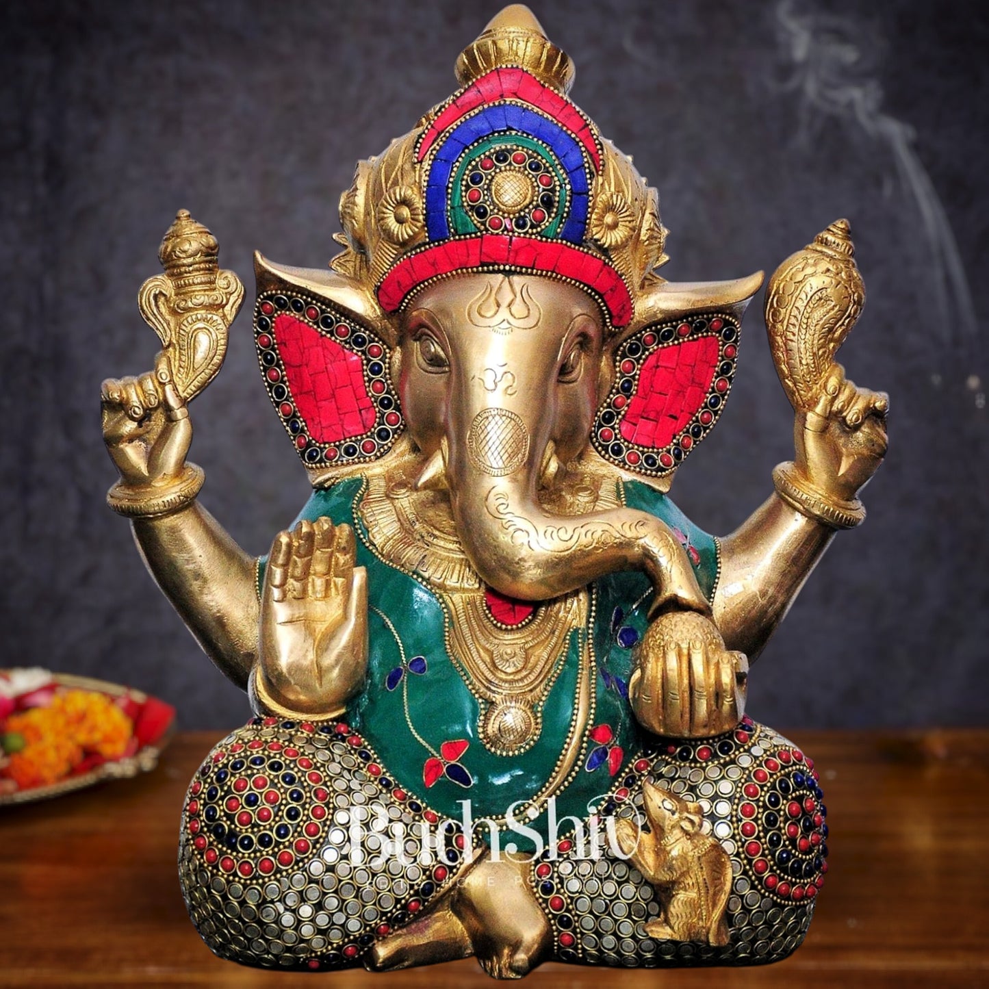 Ganesha Brass Idol with stonework 12 inch