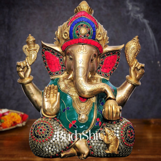 Ganesha Brass Idol with stonework 12 inch