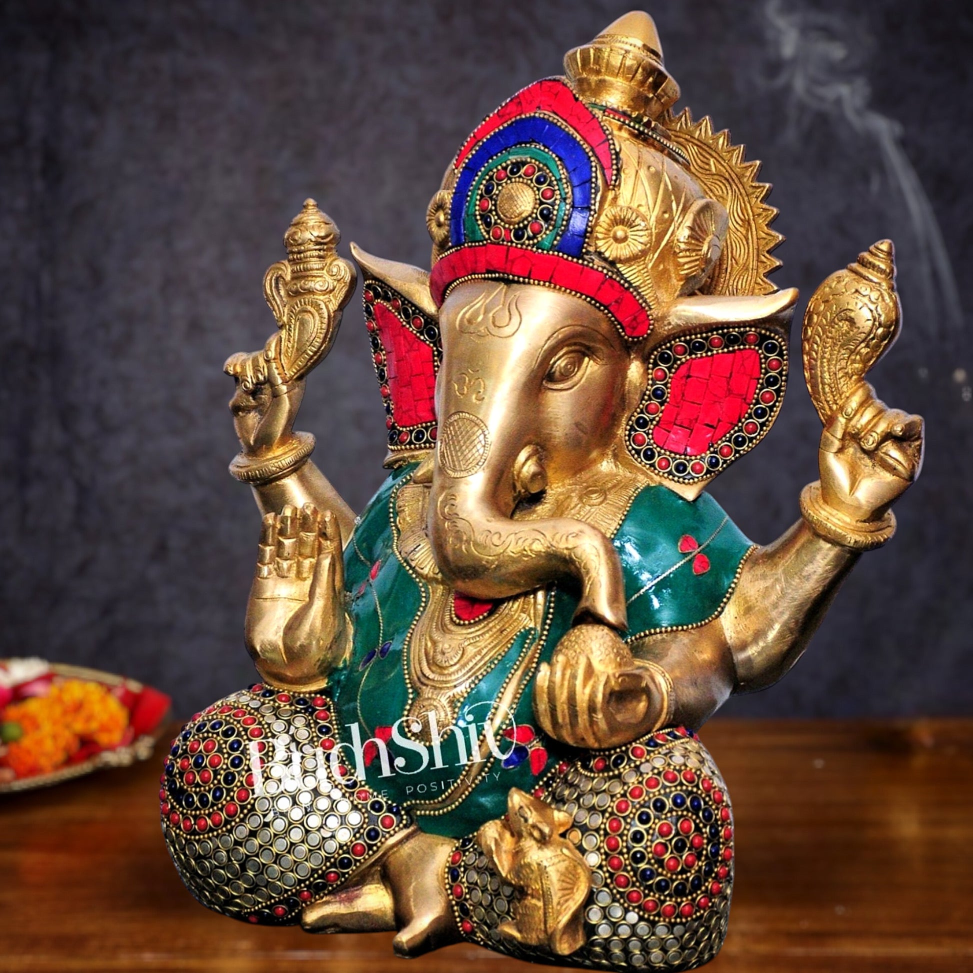 Ganesha Brass Idol with stonework 12 inch