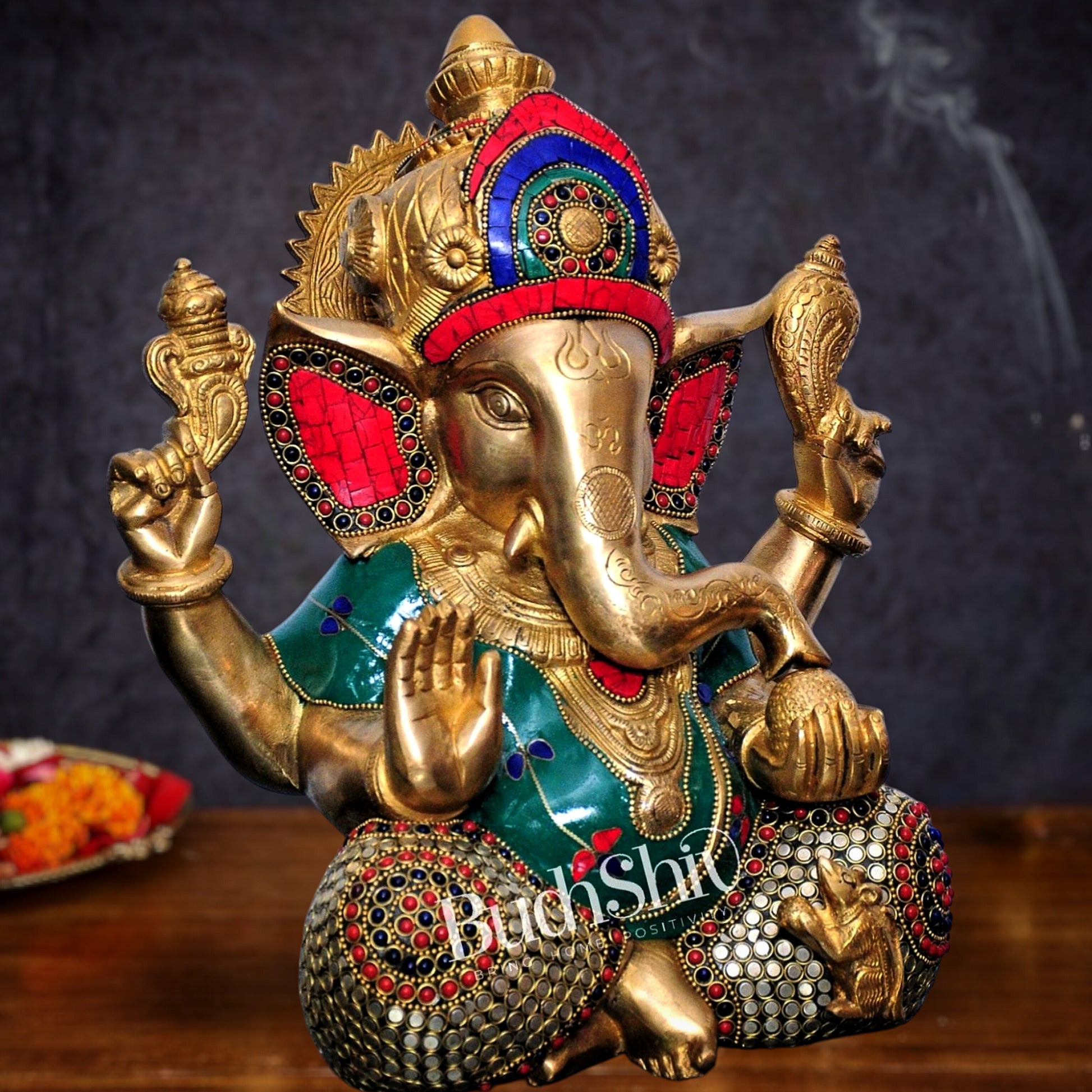 Ganesha Brass Idol with stonework 12 inch