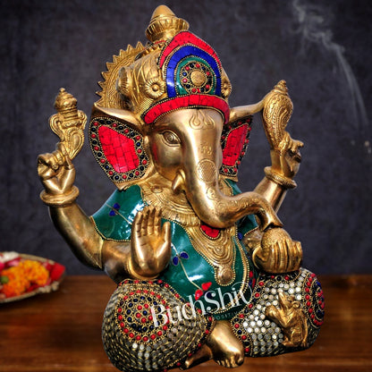 Ganesha Brass Idol with stonework 12 inch