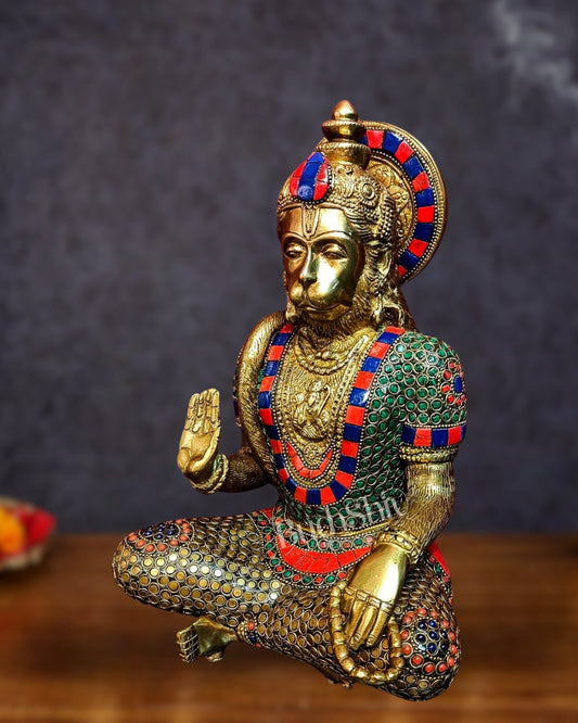 Divine Hanuman Brass Idol | Pure Brass with Stonework | 11"