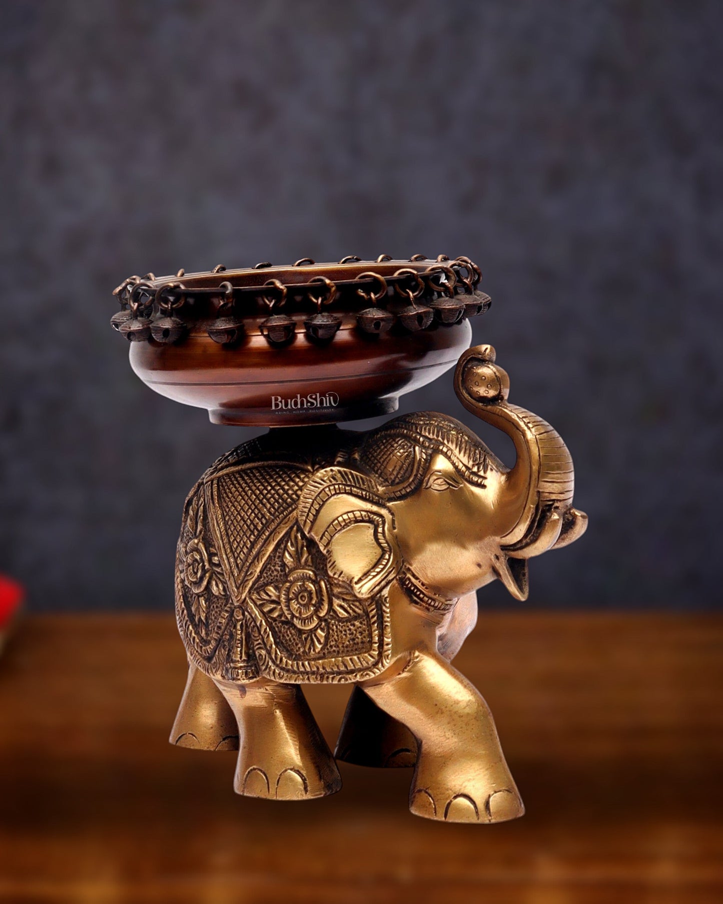 Engraved Elephant brass urli with ghungroo Duel tone