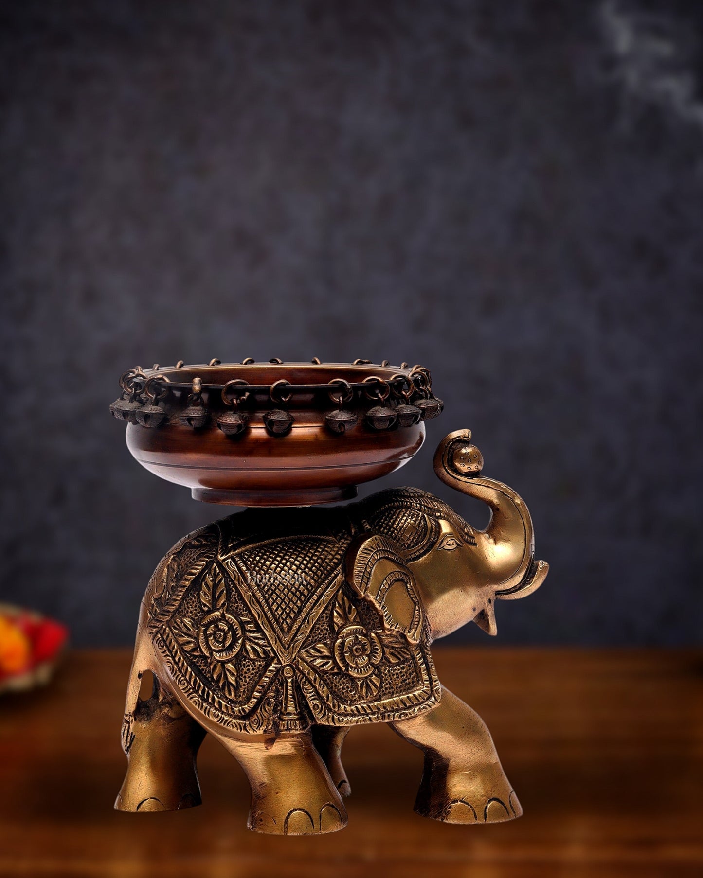 Engraved Elephant brass urli with ghungroo Duel tone