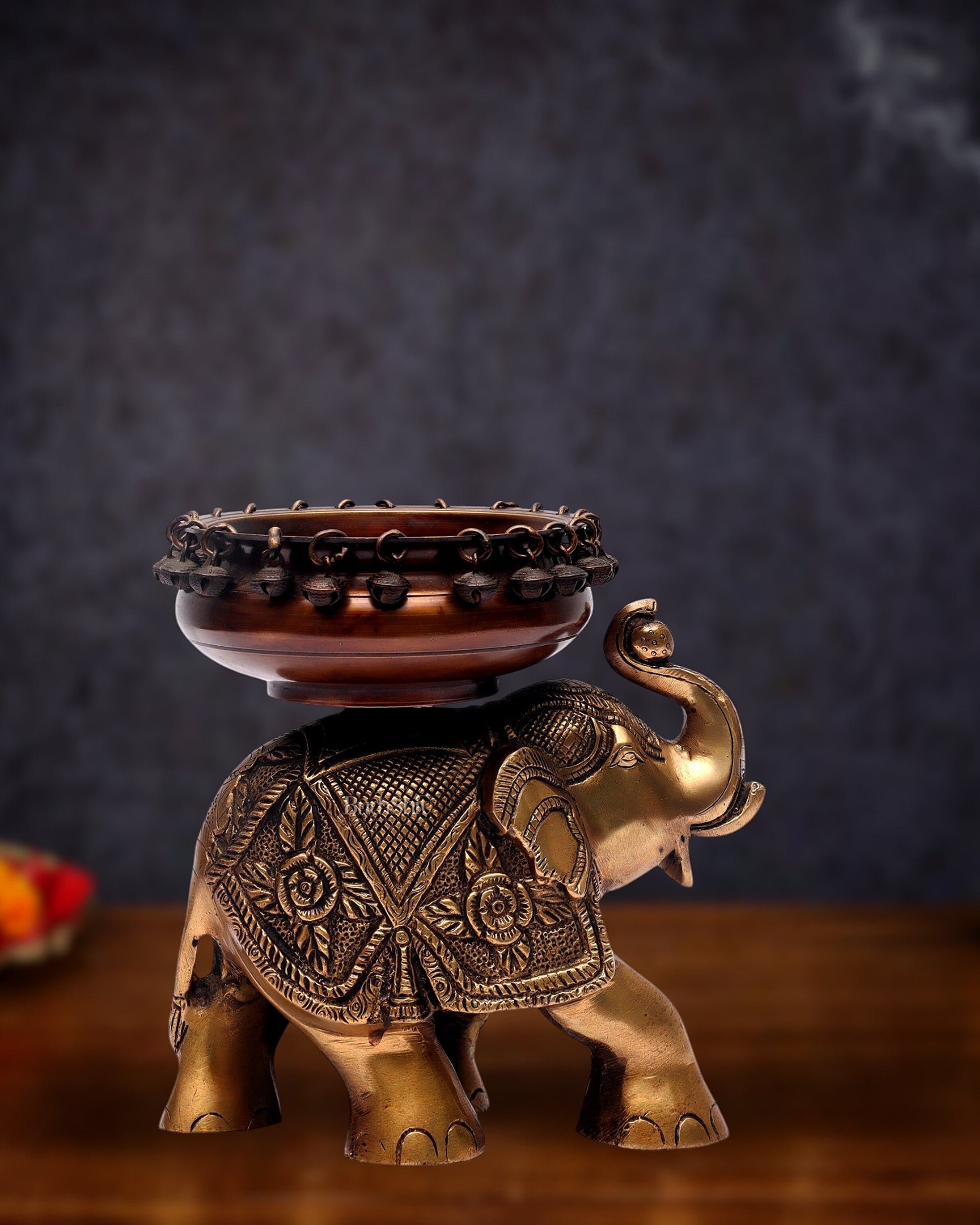 Engraved Elephant brass urli with ghungroo Duel tone