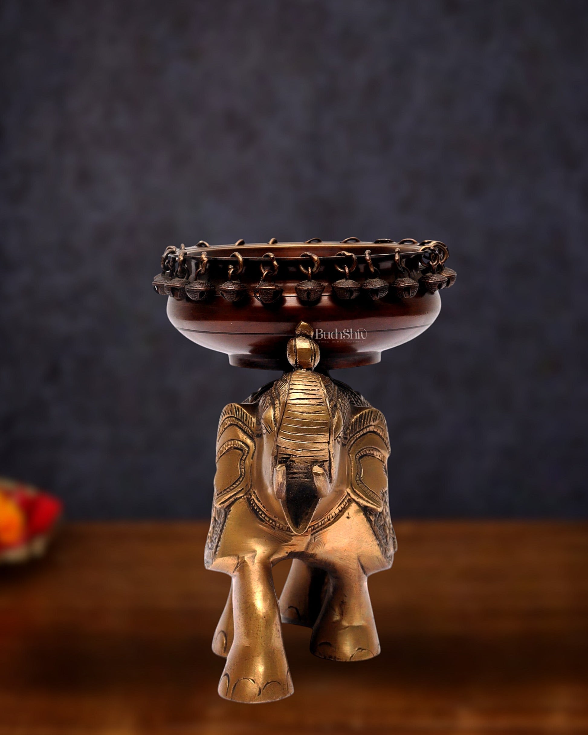 Engraved Elephant brass urli with ghungroo Duel tone