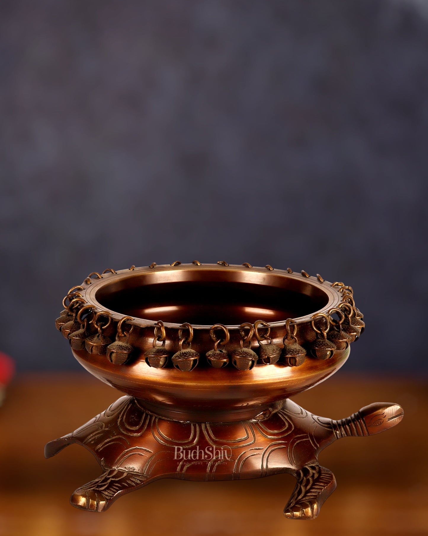 Brass Urli Bowl with Tortoise Base - 8"x10"x5", Matte Chocolate Finish