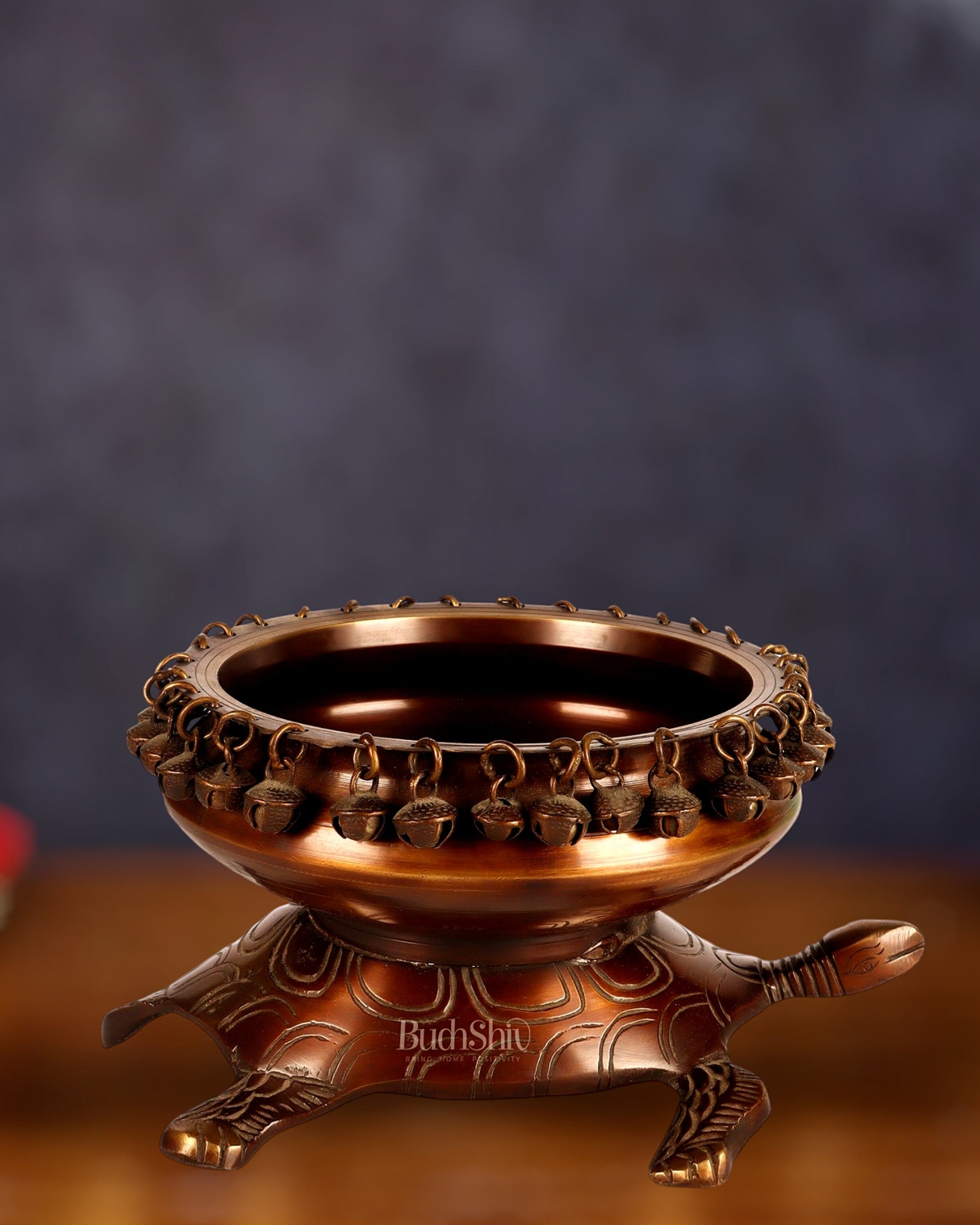 Brass Urli Bowl with Tortoise Base - 8"x10"x5", Matte Chocolate Finish