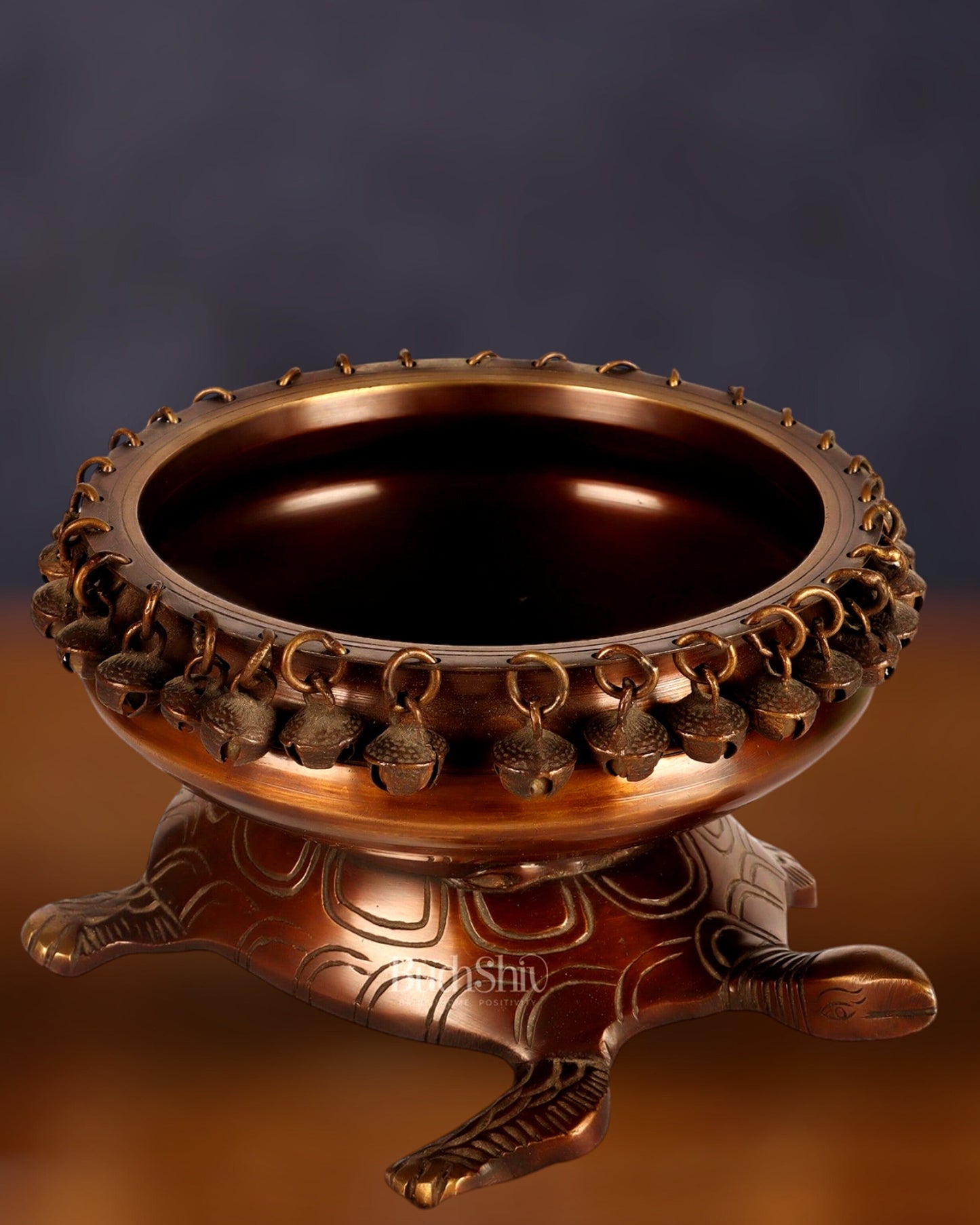 Brass Urli Bowl with Tortoise Base - 8"x10"x5", Matte Chocolate Finish