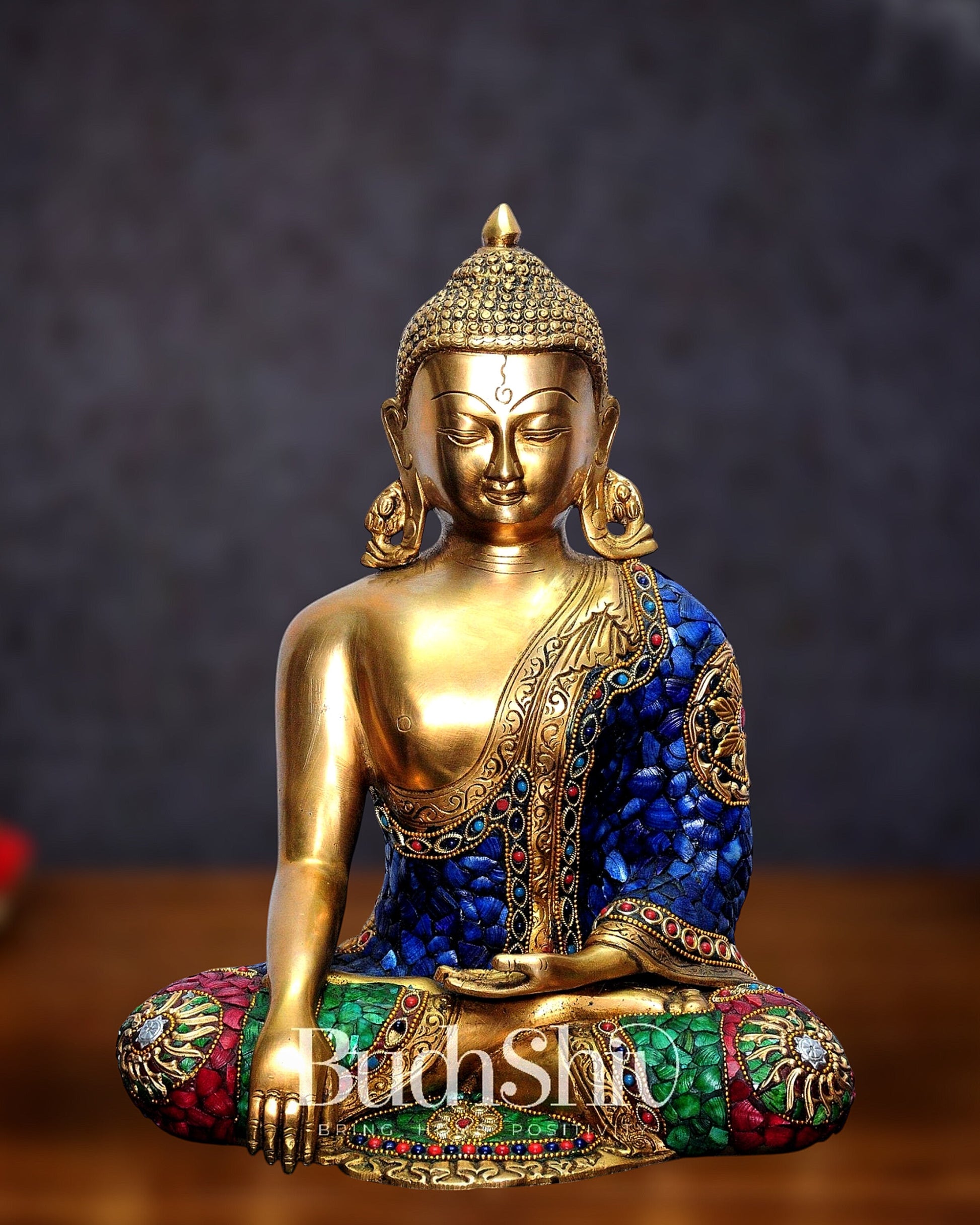 Bhumisparsa Mudra: Buddha Brass Idol with Gemstone Cutwork 12 inch