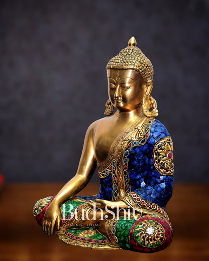 Bhumisparsa Mudra: Buddha Brass Idol with Gemstone Cutwork 12 inch