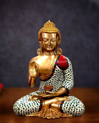 Pure Brass Buddha Statue with White Stonework – 20” x 16” x 10”