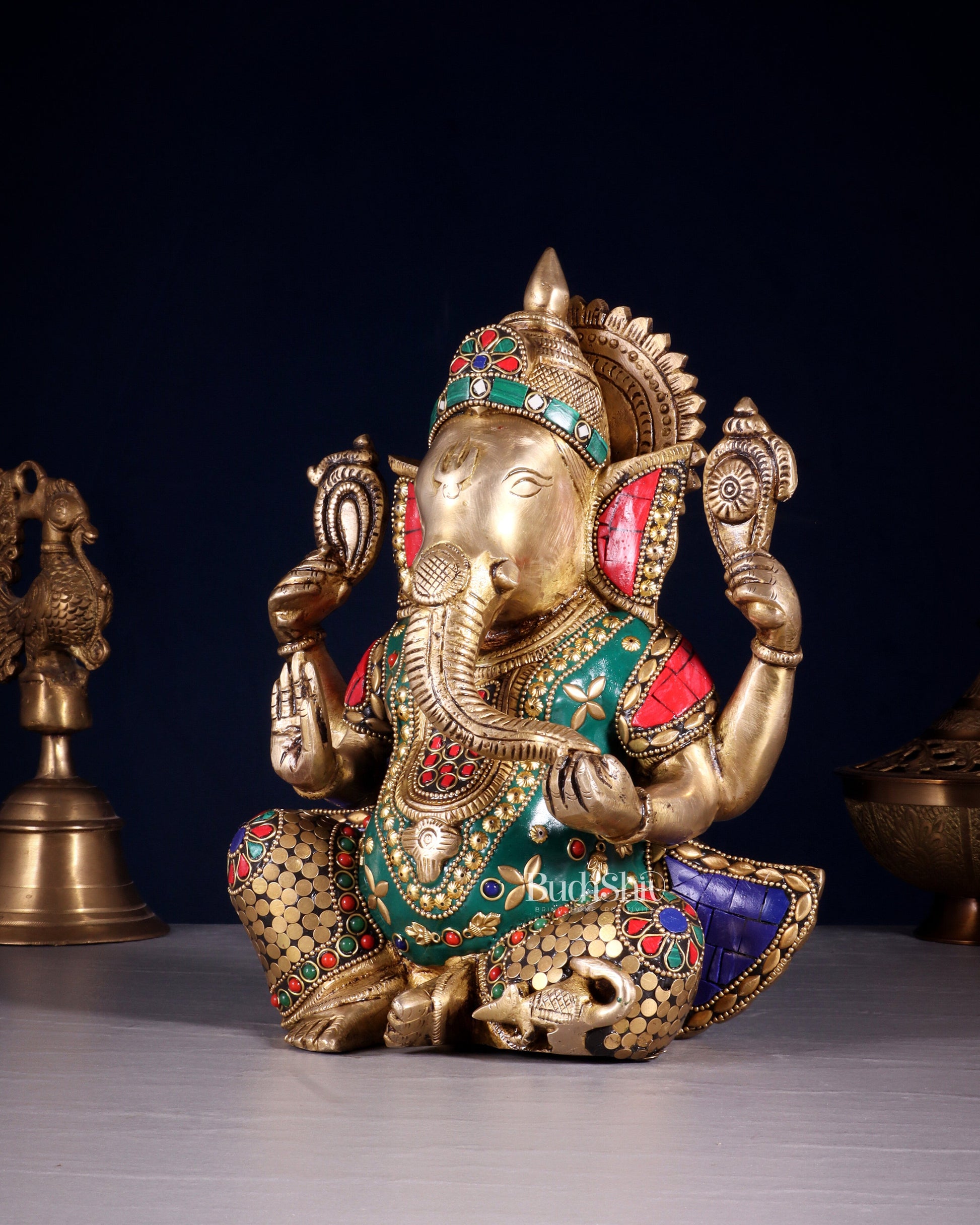 Unique Brass Lord Ganesha multicolour Statue - 9.5 Inch