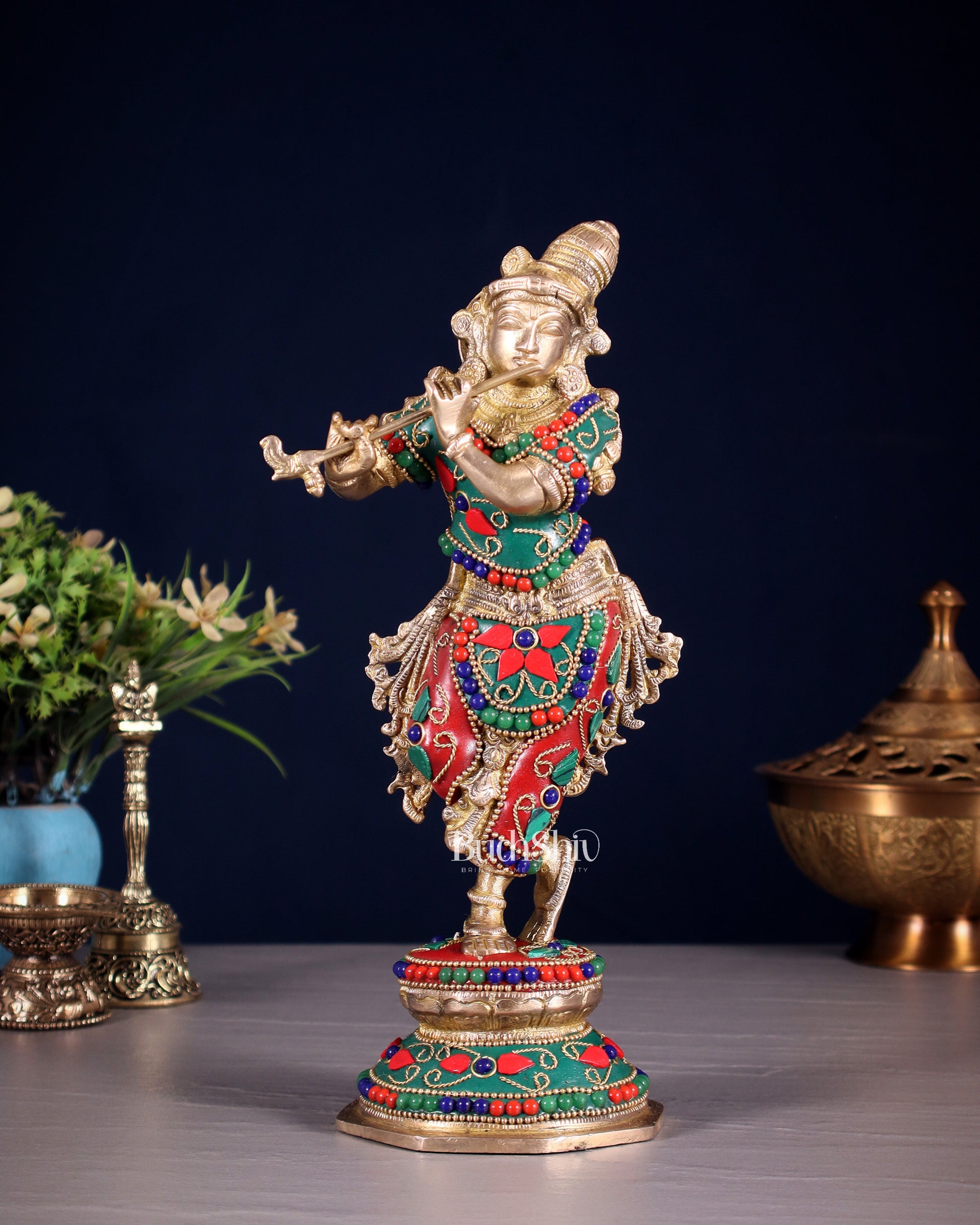 Unique Brass Krishna Statue - floral stonework 9.5 Inches