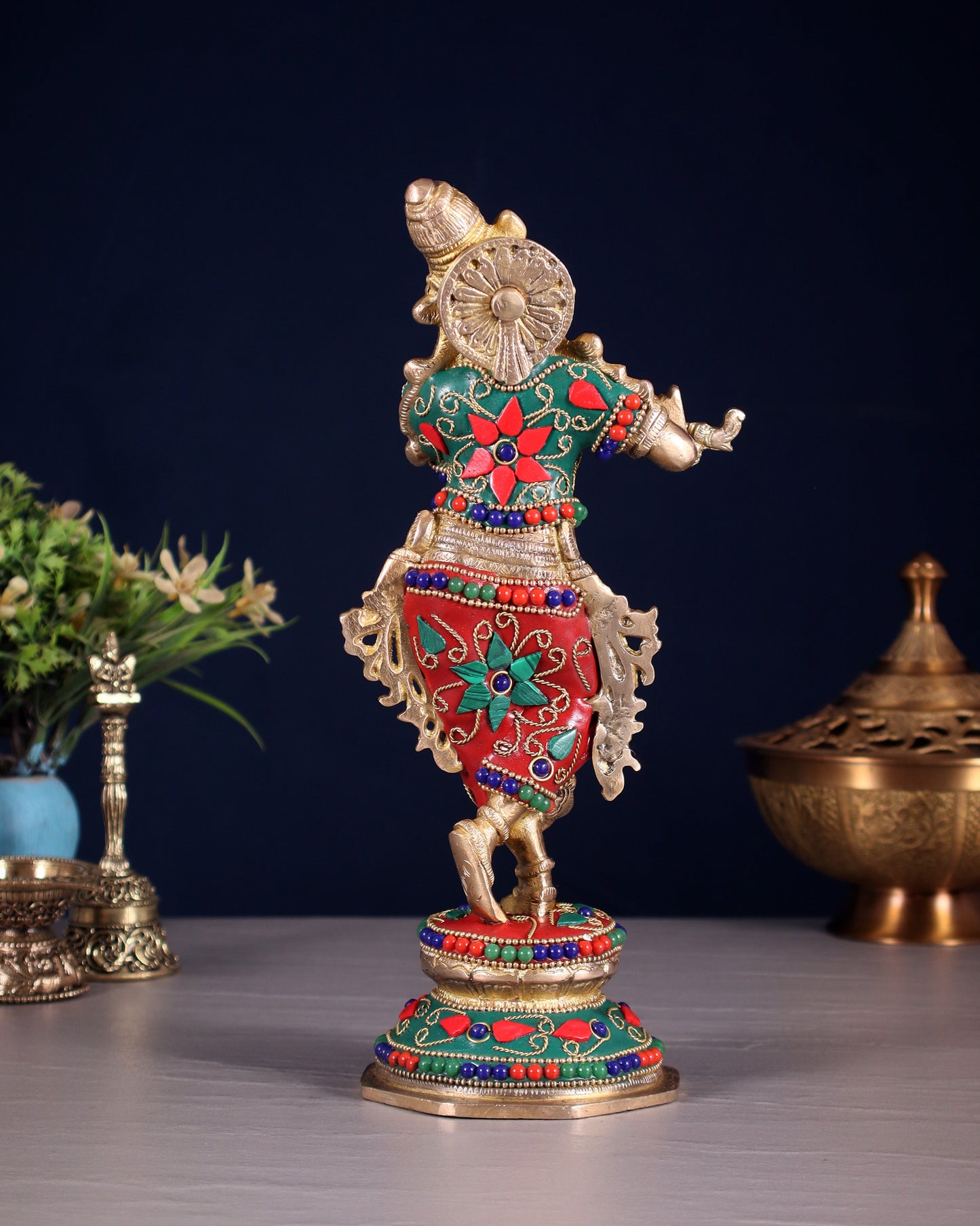 Unique Brass Krishna Statue - floral stonework 9.5 Inches