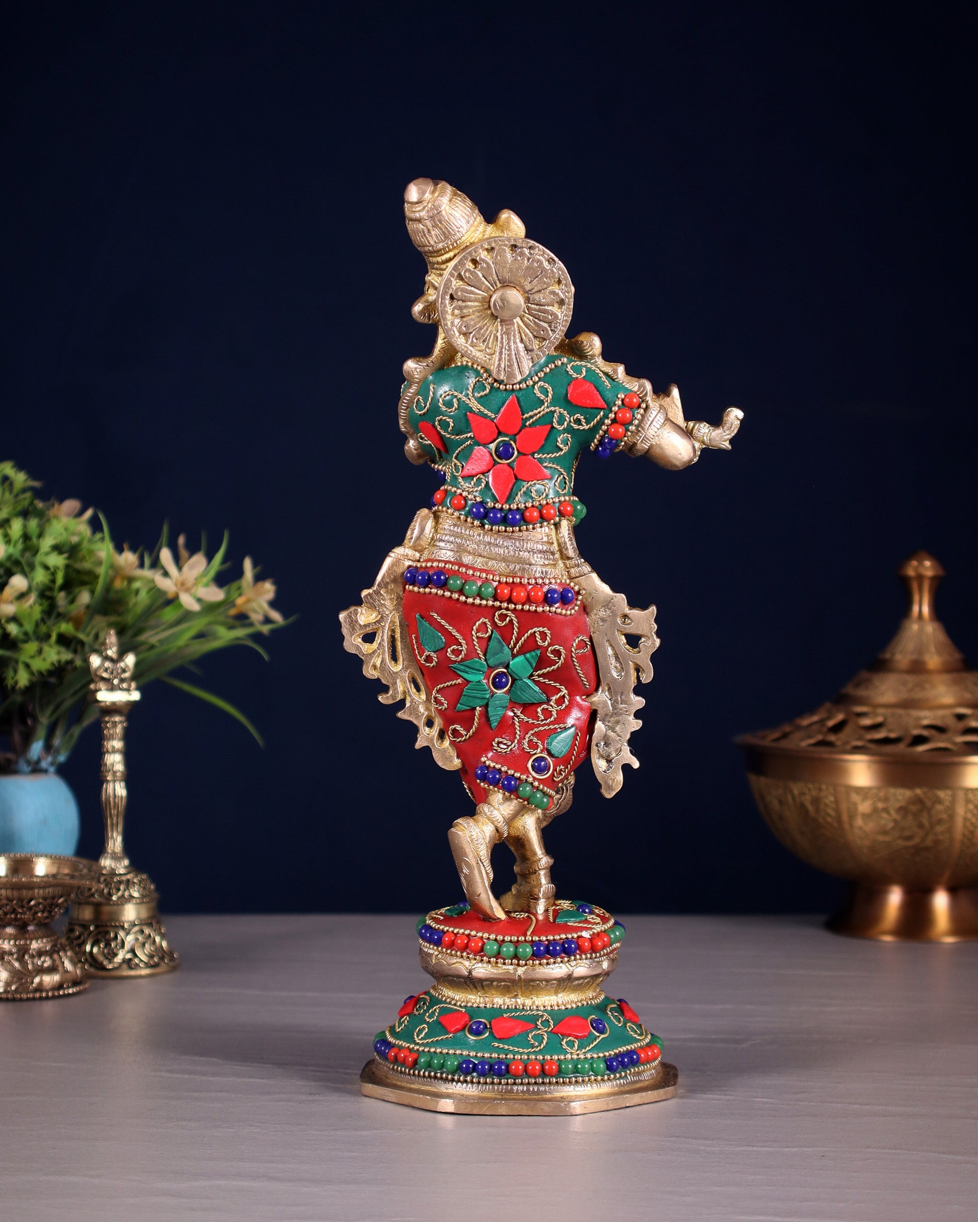 Unique Brass Krishna Statue - floral stonework 9.5 Inches