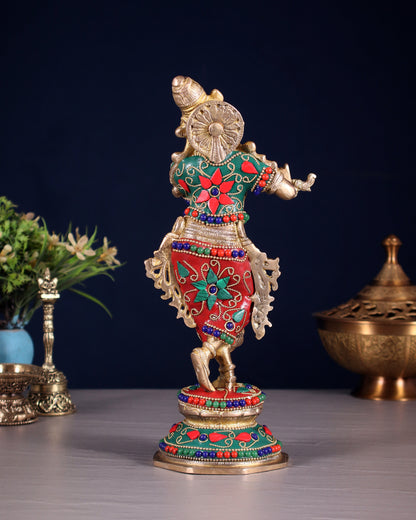Unique Brass Krishna Statue - floral stonework 9.5 Inches