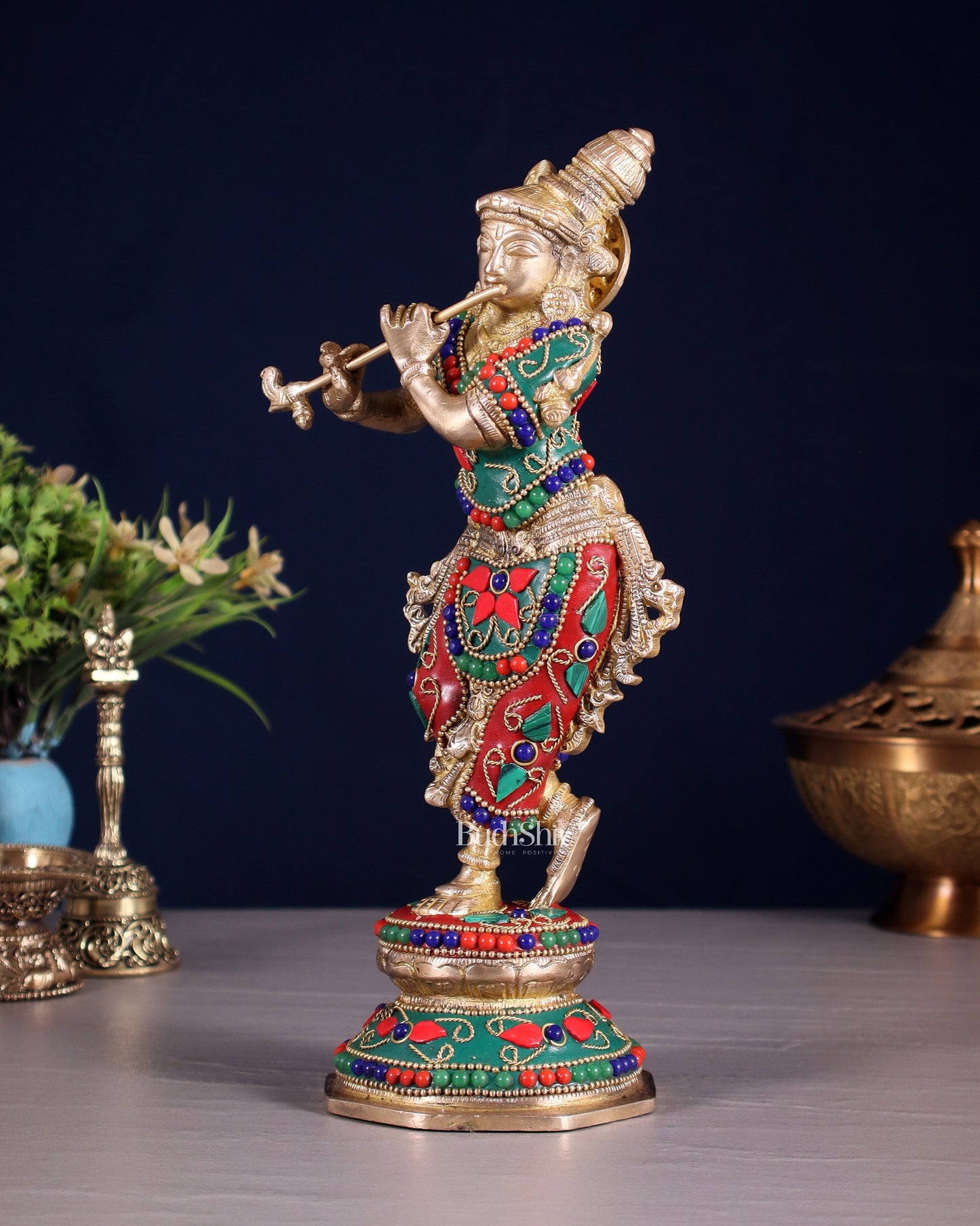 Unique Brass Krishna Statue - floral stonework 9.5 Inches