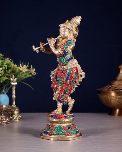 Unique Brass Krishna Statue - floral stonework 9.5 Inches