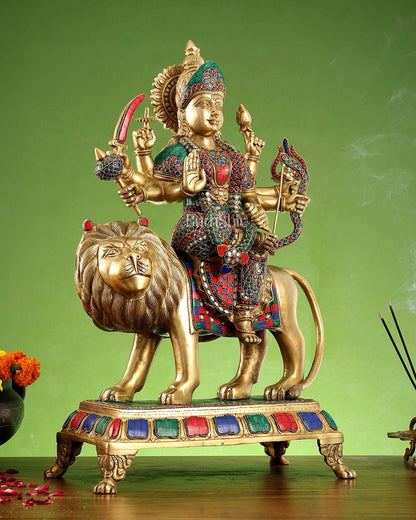 Brass Large Superfine Durga Mata Statue with Stonework - 21 inch