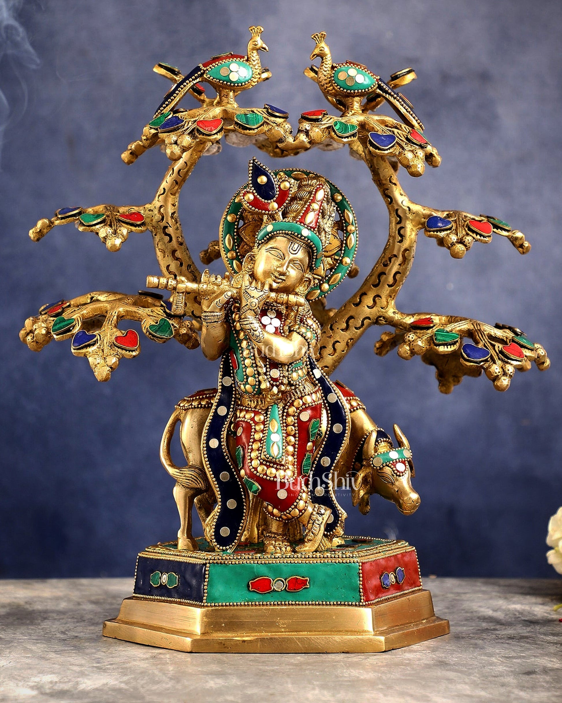 Superfine Brass Lord Krishna with Cow under Tree Statue with Stonework - 13 inch