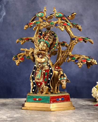 Superfine Brass Lord Krishna with Cow under Tree Statue with Stonework - 13 inch