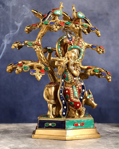 Superfine Brass Lord Krishna with Cow under Tree Statue with Stonework - 13 inch