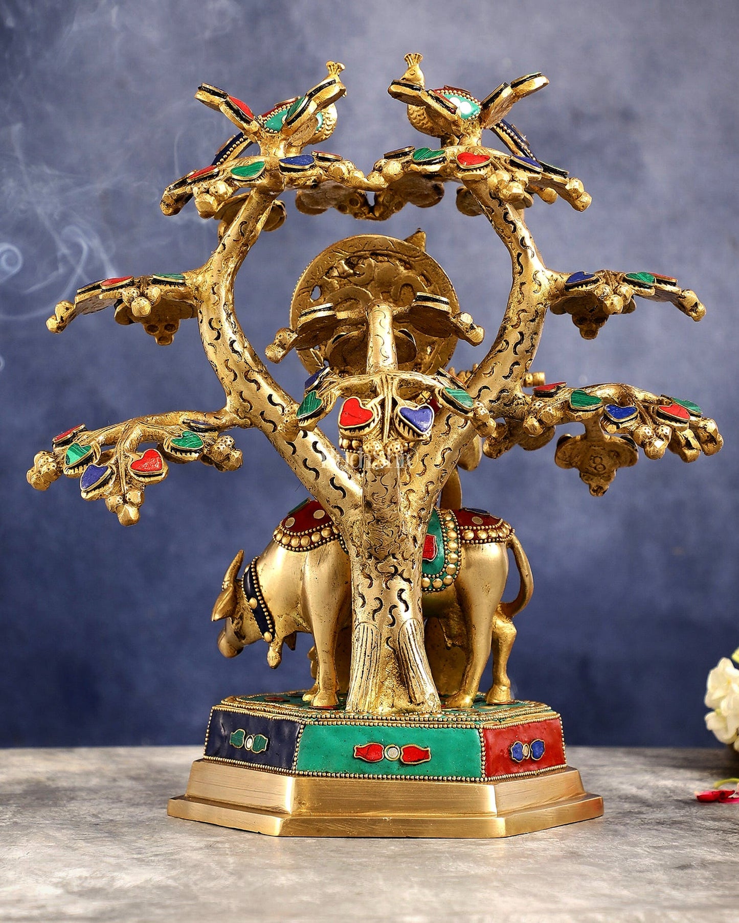 Superfine Brass Lord Krishna with Cow under Tree Statue with Stonework - 13 inch