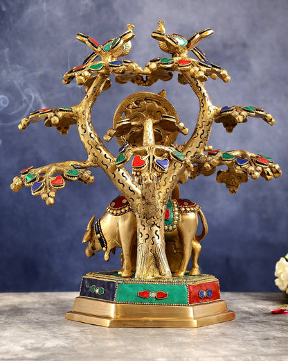 Superfine Brass Lord Krishna with Cow under Tree Statue with Stonework - 13 inch