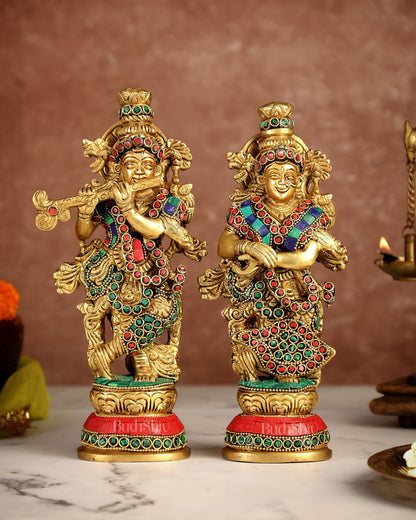 Exquisite Brass Radha Krishna Idol Pair with Stonework 9 inch