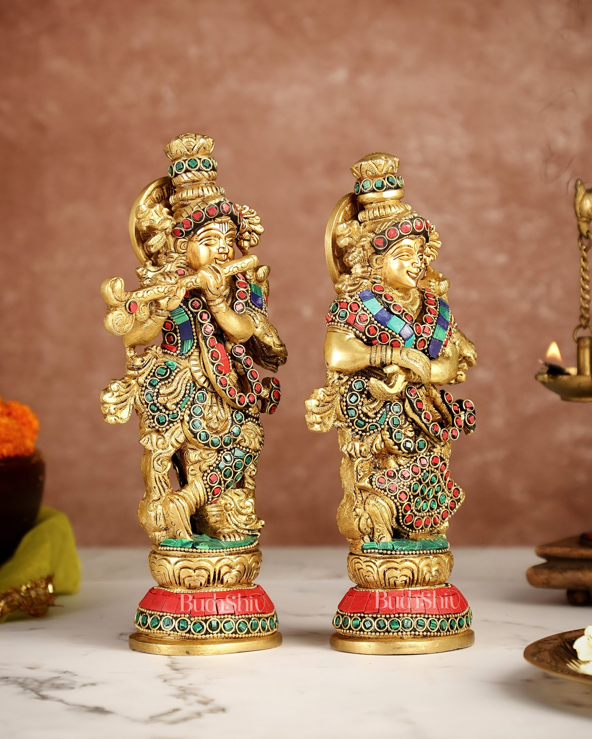 Exquisite Brass Radha Krishna Idol Pair with Stonework 9 inch
