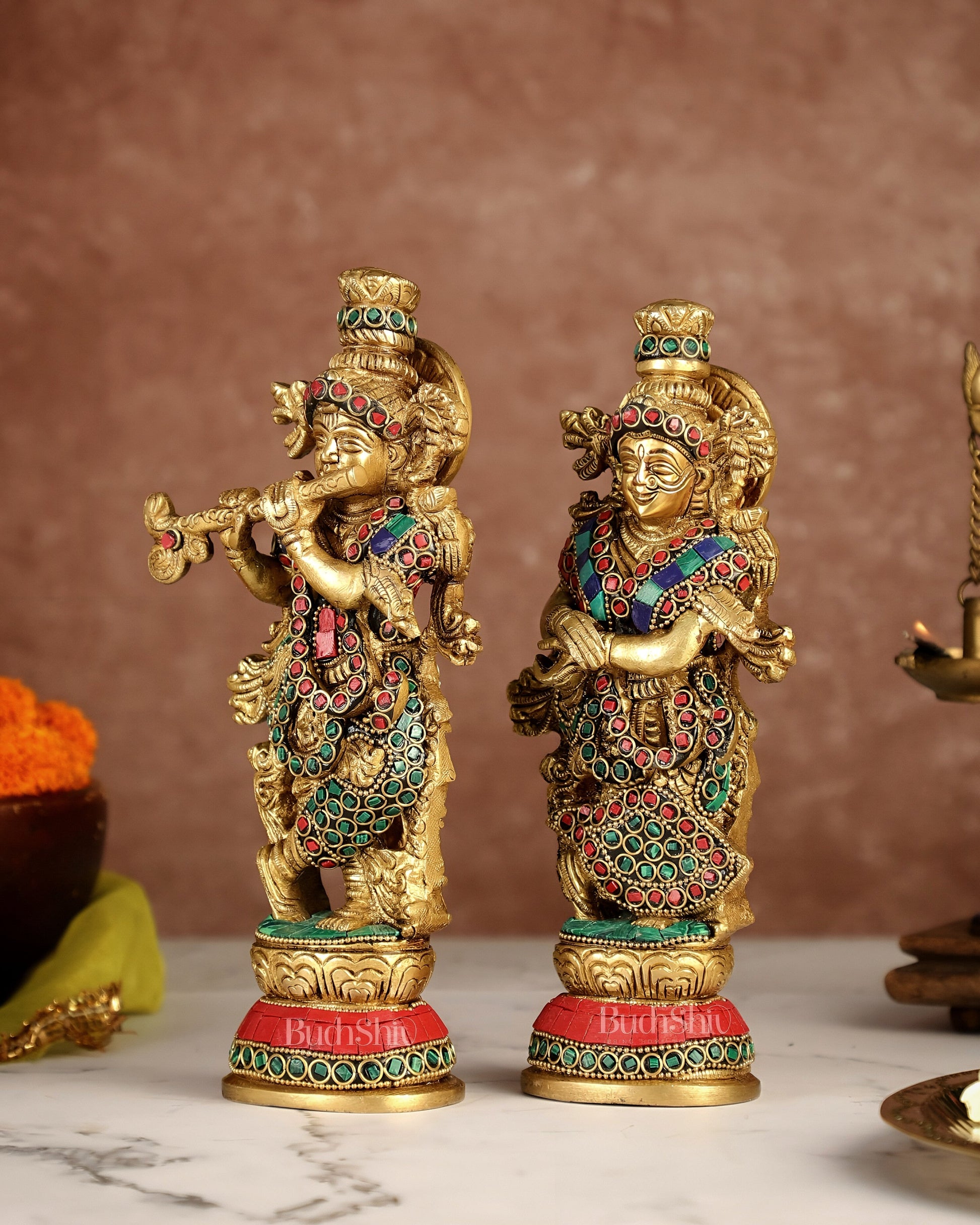 Exquisite Brass Radha Krishna Idol Pair with Stonework 9 inch