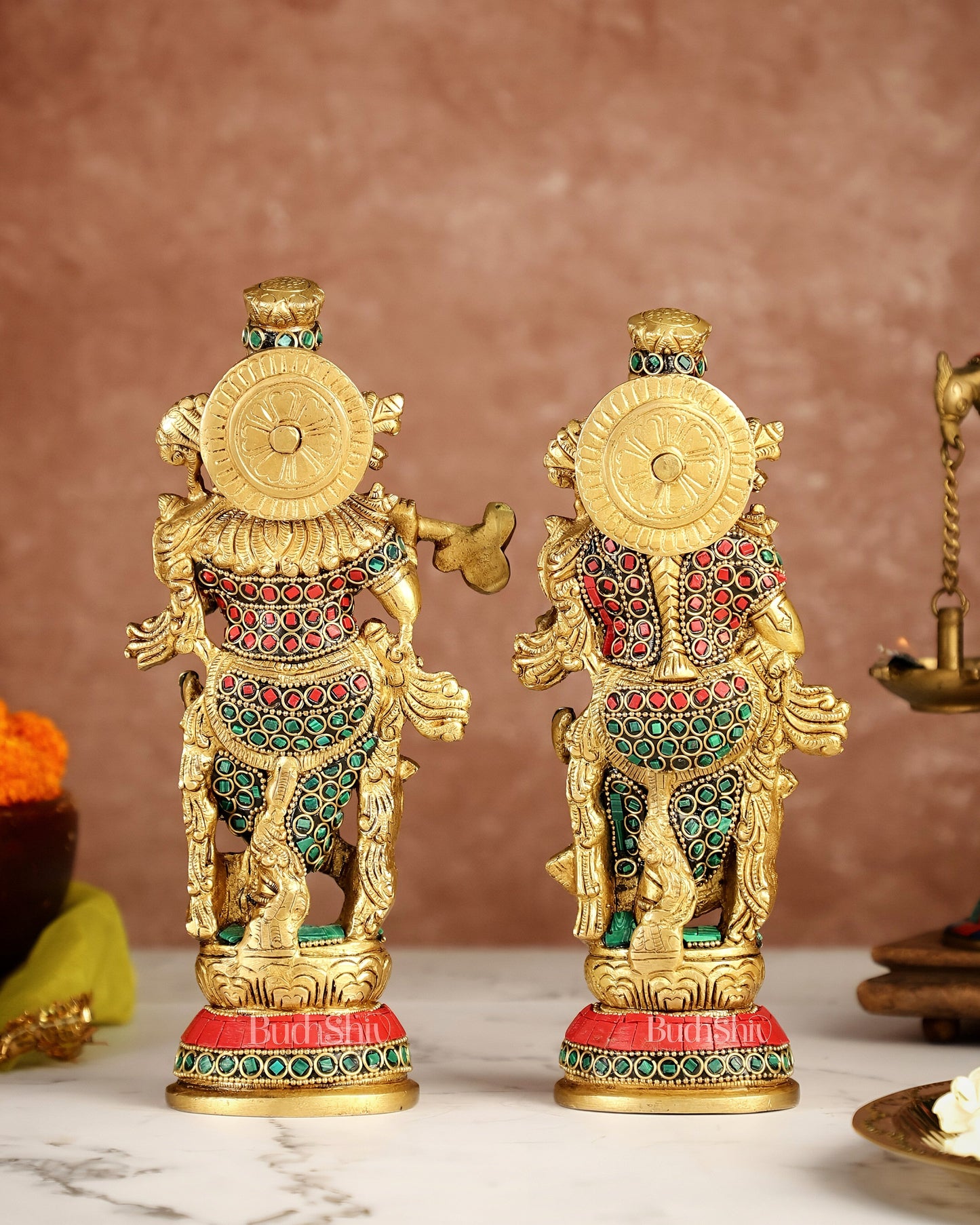 Exquisite Brass Radha Krishna Idol Pair with Stonework 9 inch