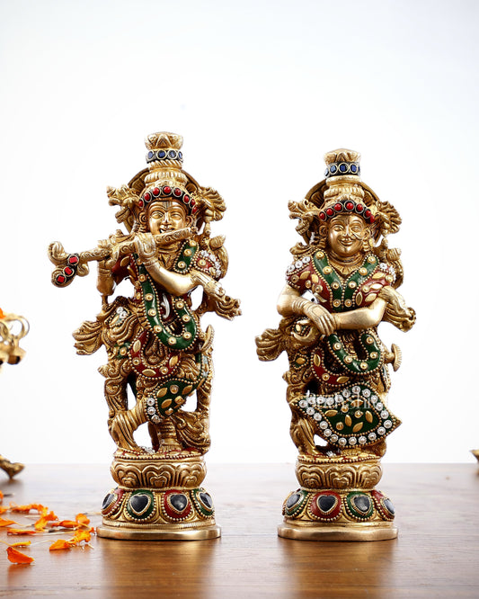 Exquisite Brass Radha Krishna Idol Pair with Stonework 9 inch