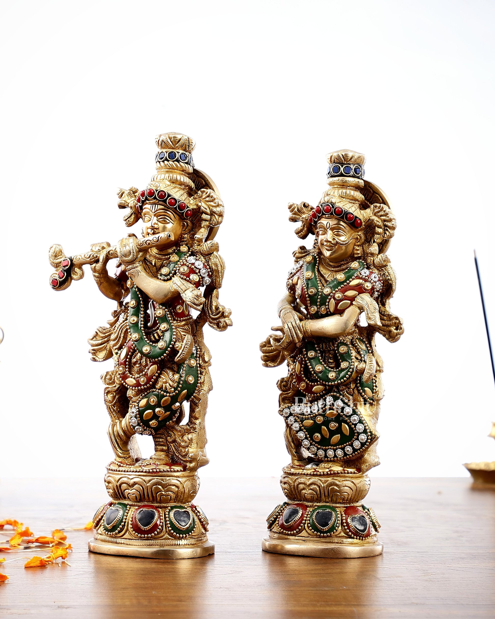 Exquisite Brass Radha Krishna Idol Pair with Stonework 9 inch