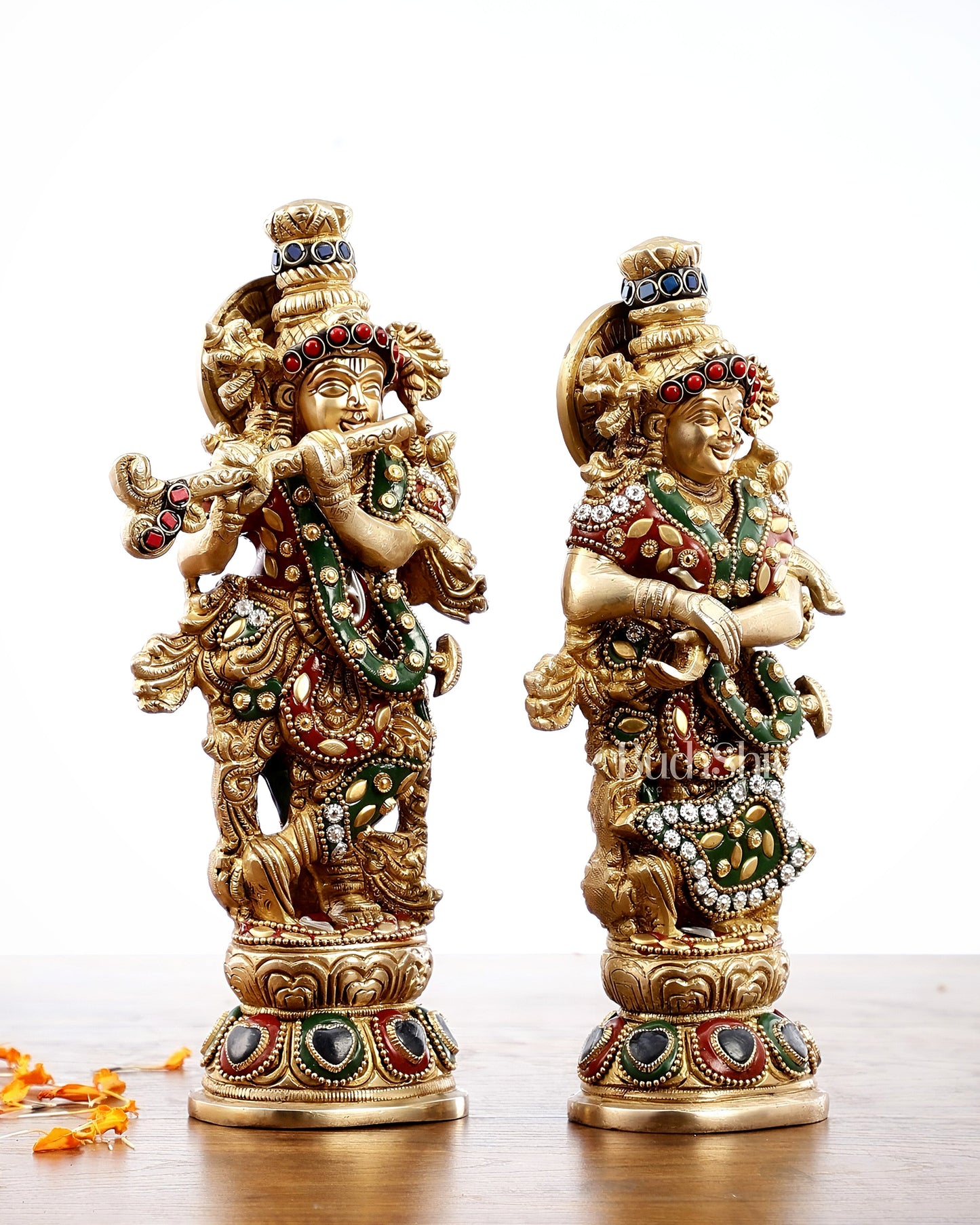 Exquisite Brass Radha Krishna Idol Pair with Stonework 9 inch