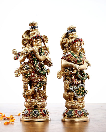 Exquisite Brass Radha Krishna Idol Pair with Stonework 9 inch