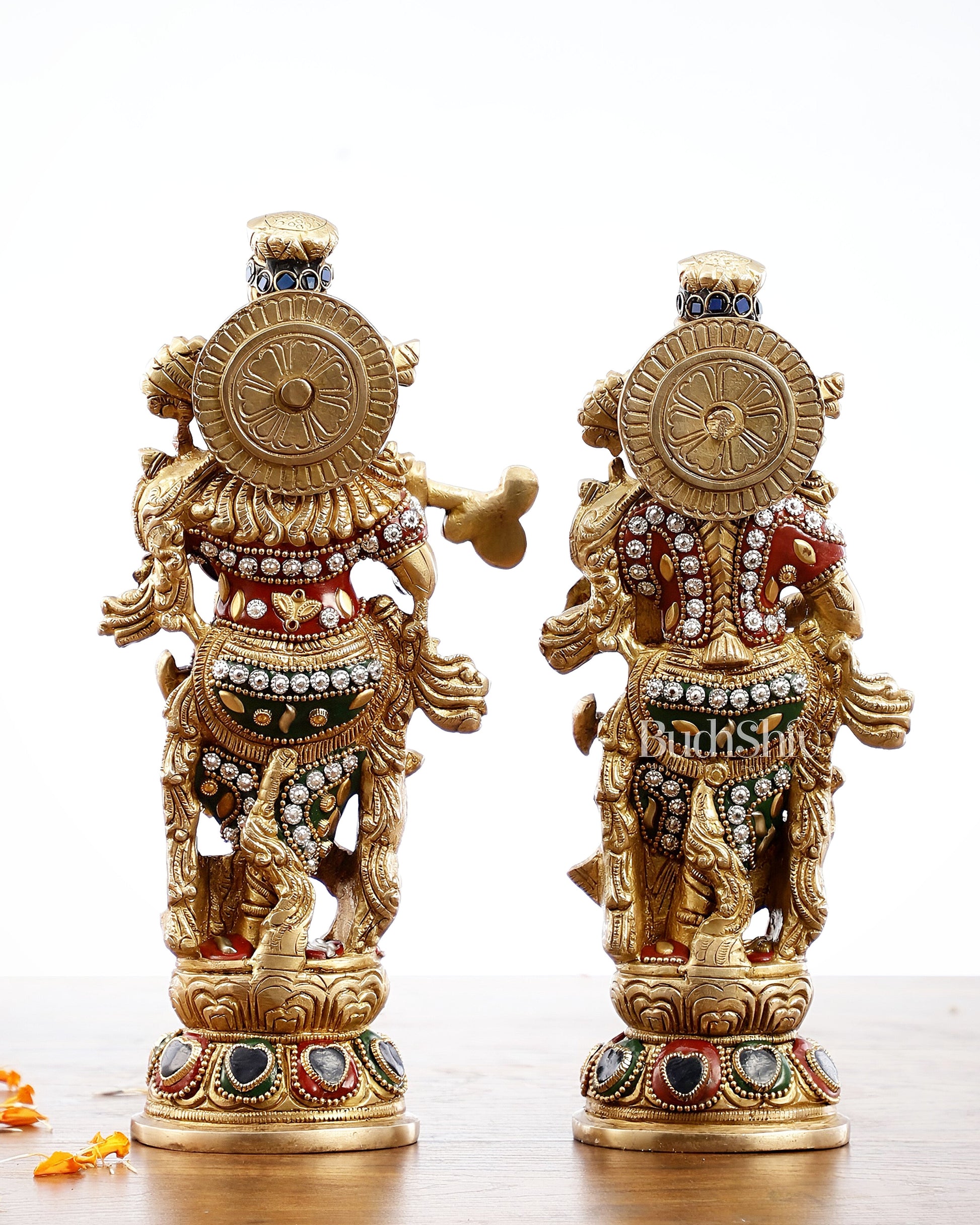 Exquisite Brass Radha Krishna Idol Pair with Stonework 9 inch