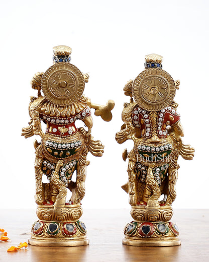 Exquisite Brass Radha Krishna Idol Pair with Stonework 9 inch