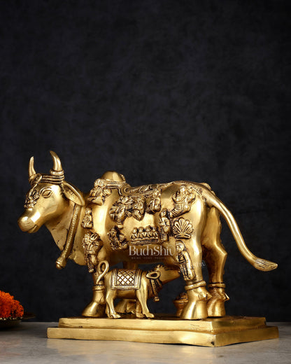 Superfine Brass Engraved Kamdhenu Cow with Calf - Murti 10"