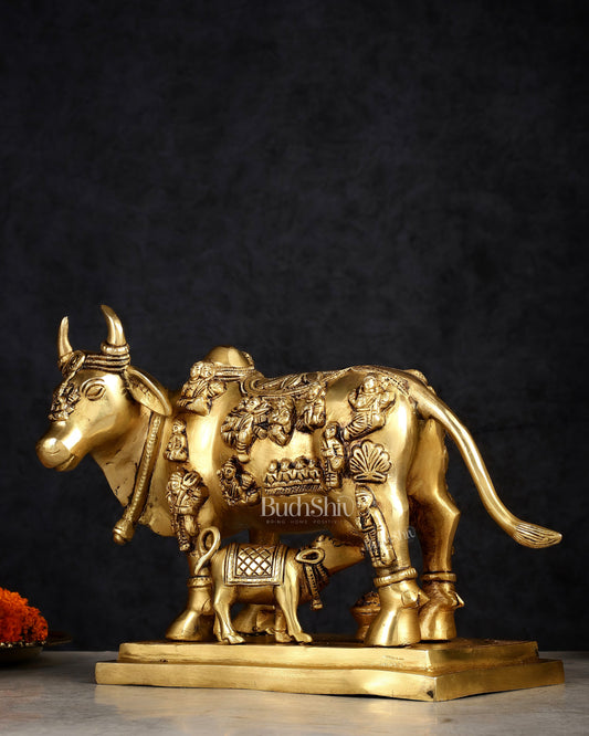 Superfine Brass Engraved Kamdhenu Cow with Calf - Murti 10"