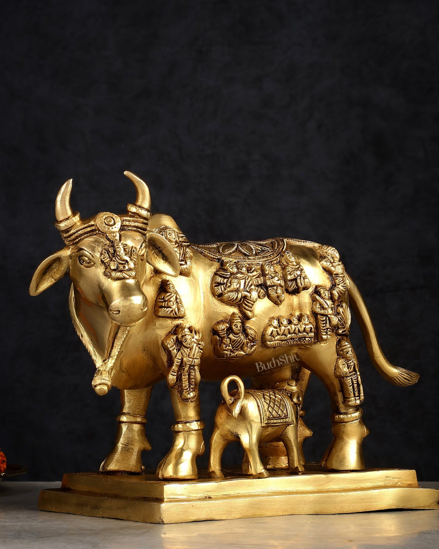 Superfine Brass Engraved Kamdhenu Cow with Calf - Murti 10"