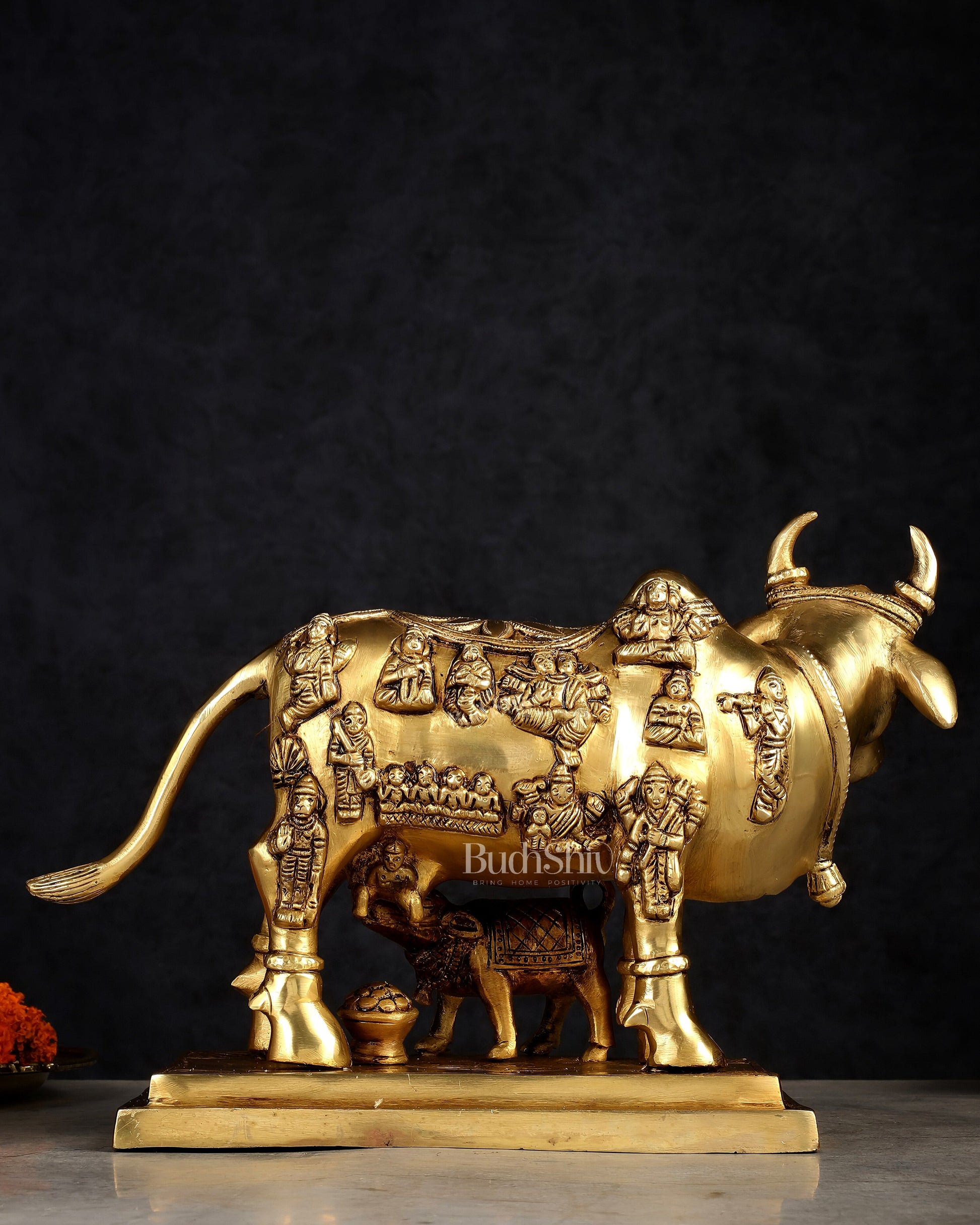 Superfine Brass Engraved Kamdhenu Cow with Calf - Murti 10"