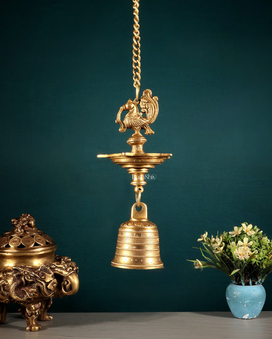 Pure Brass Annam Pakshi Hanging Oil Lamp with Bell